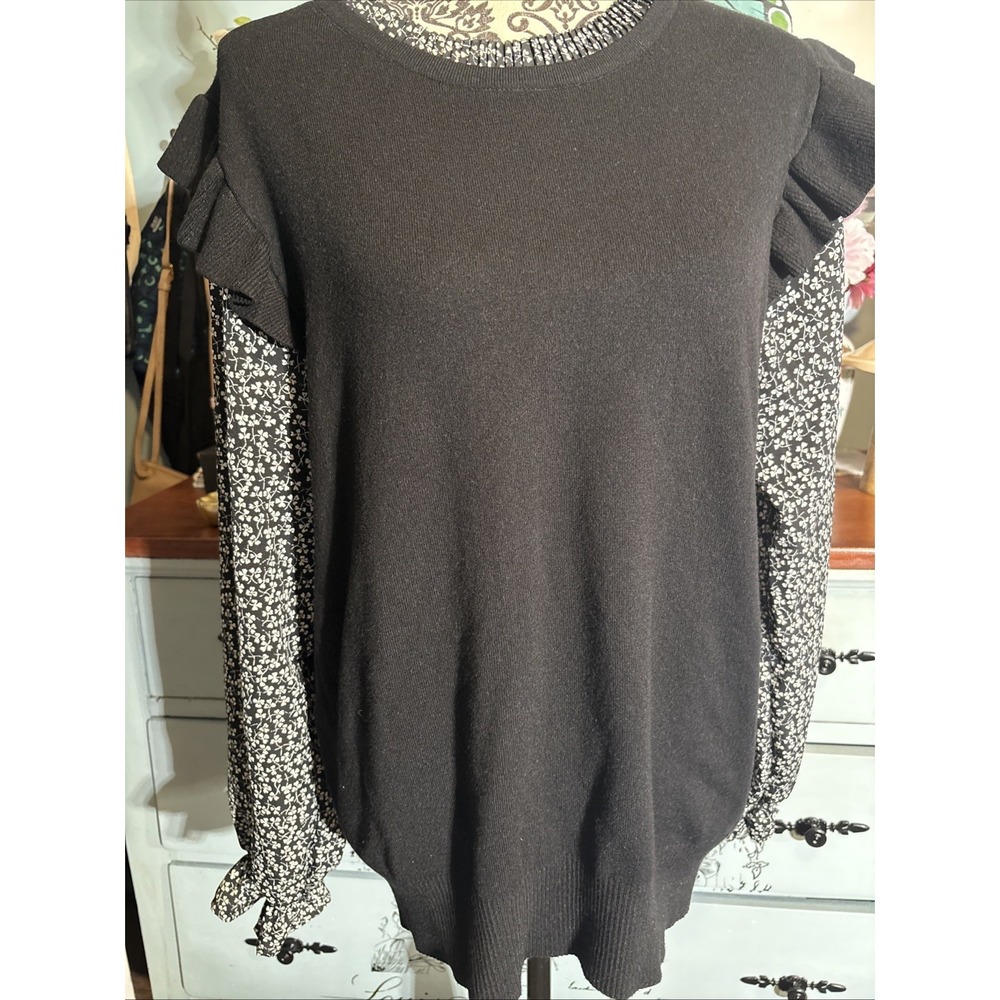 Sioni Sweater Womens Large Black Micro‎ Floral Sleeves Ruffles Pullover. Milano